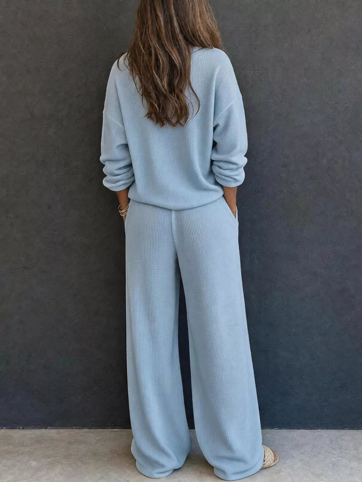 Waffle Knit Henley Top and Wide Leg Pants Set - Light Blue - View 9