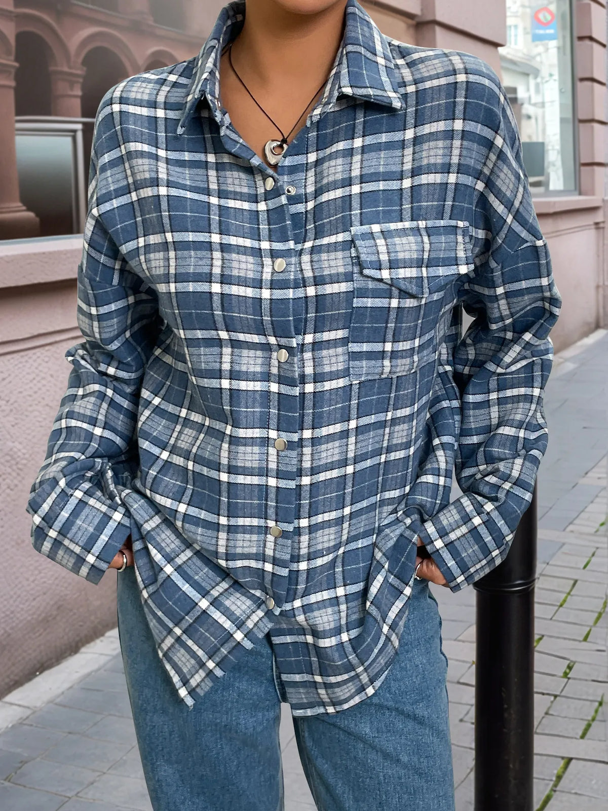 Plaid Button Up Long Sleeve Shirt - Blue - View 3