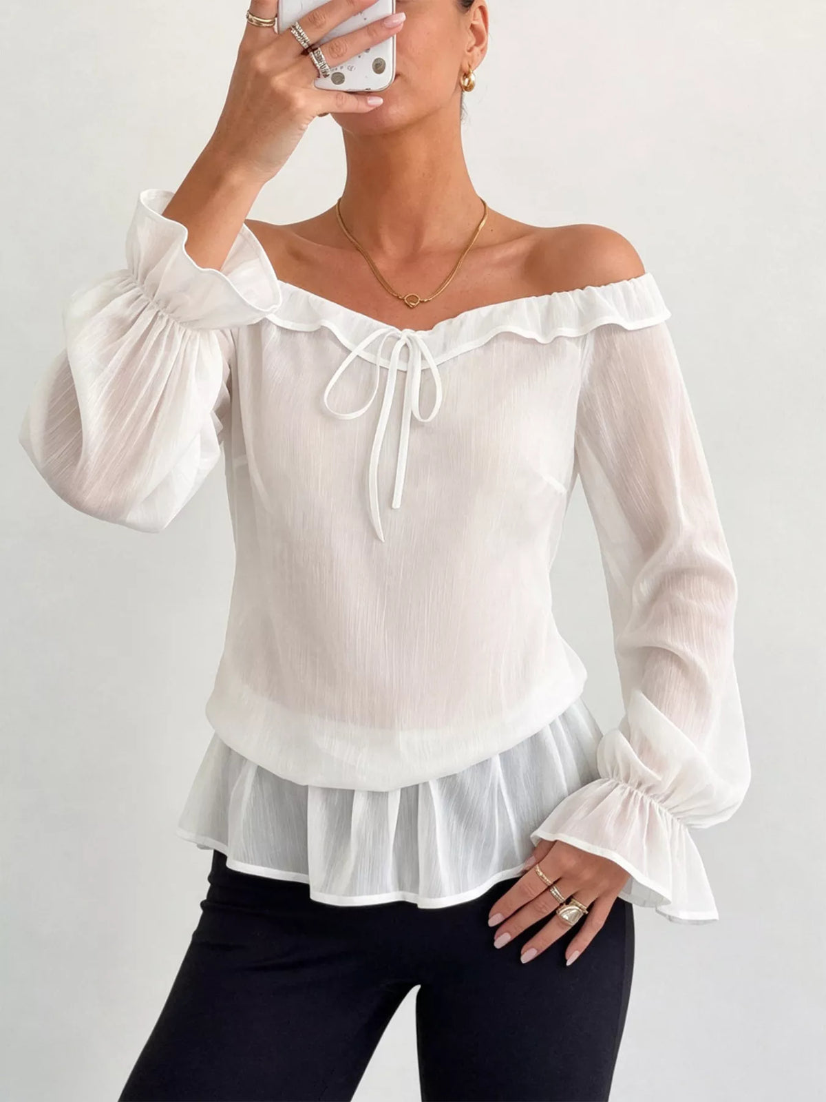 Off-Shoulder Flounce Sleeve Chiffon Blouse - White - View 1