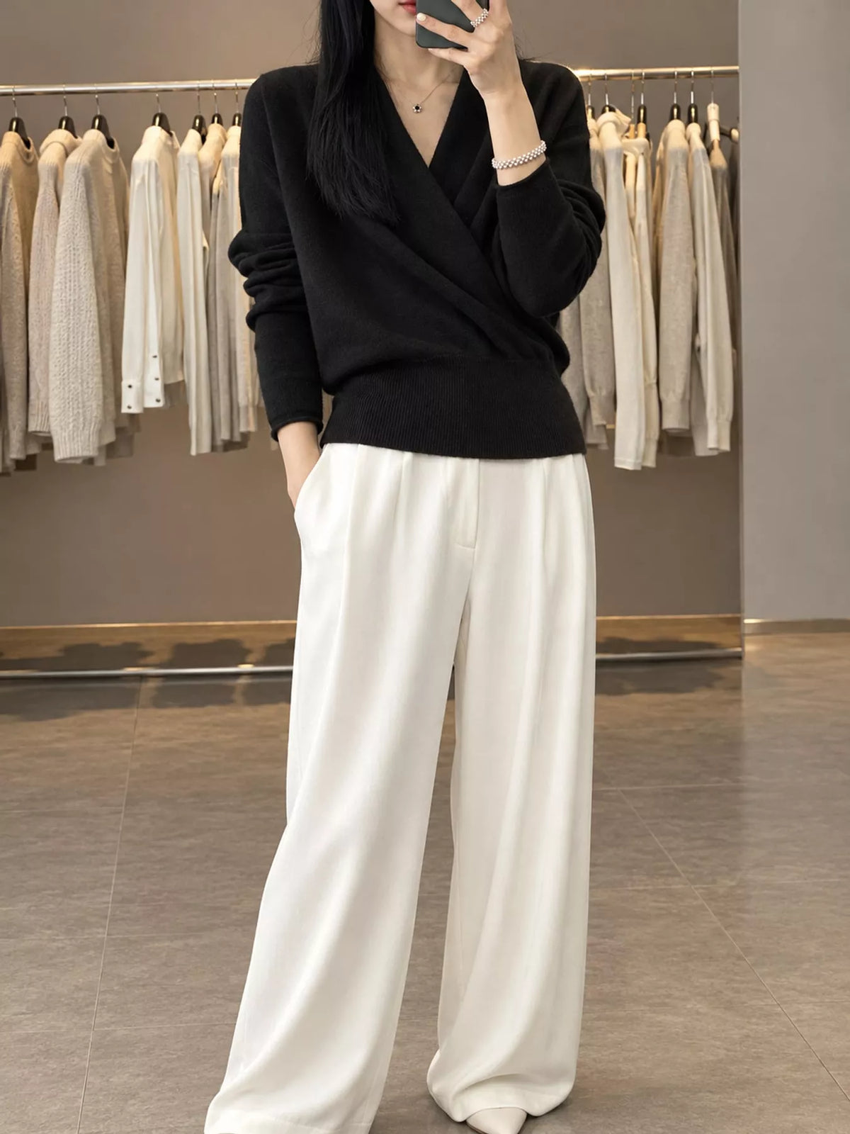 Wrap-Front Long Sleeve Sweater - Black - View 14