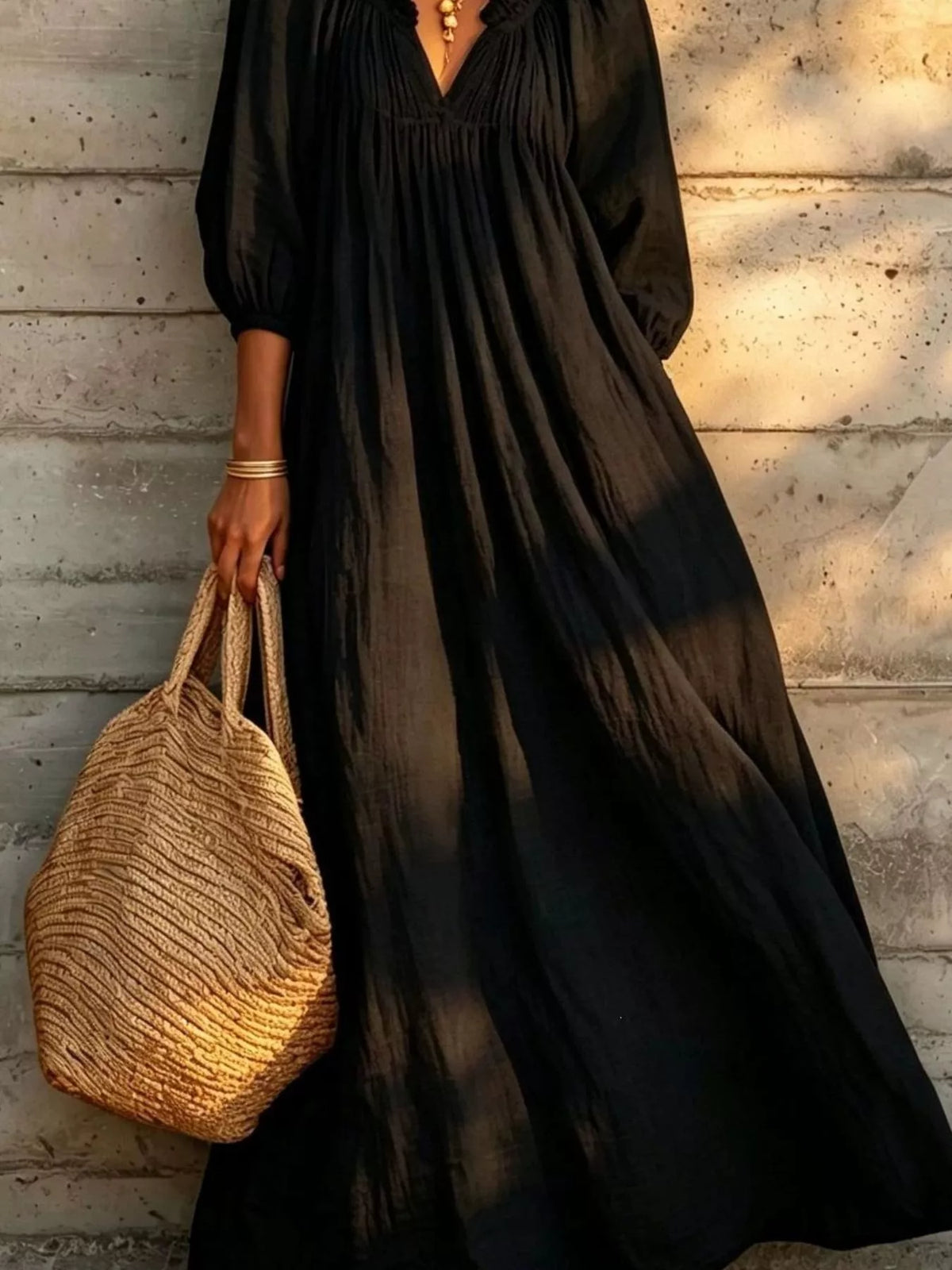 Tiered Notched 3/4 Sleeve Maxi Dress - Black - View 3