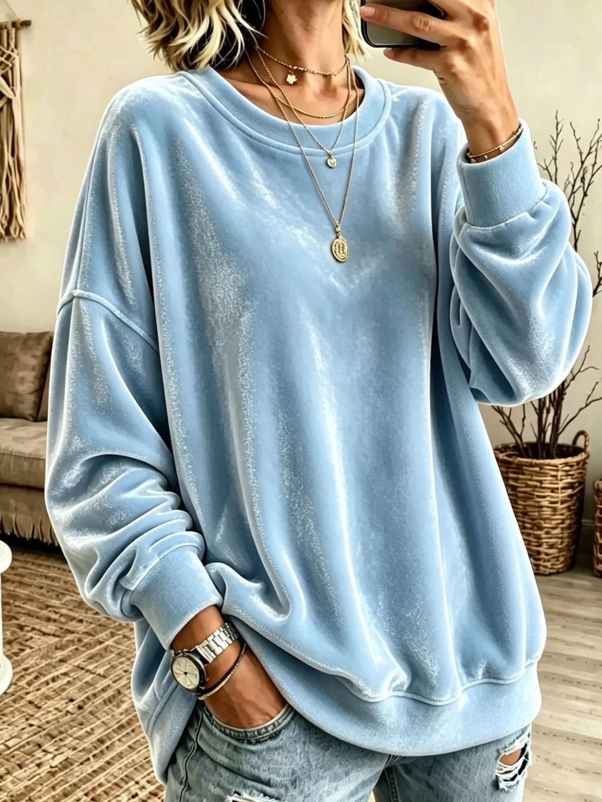 Full Size Solid Color Crew Neck Sweatshirt Plus Size - Light Blue - View 9