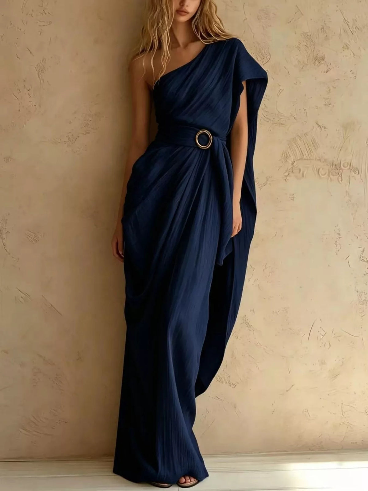 One-Shoulder Draped Maxi Dress with Waist Buckle - Navy Blue - View 1