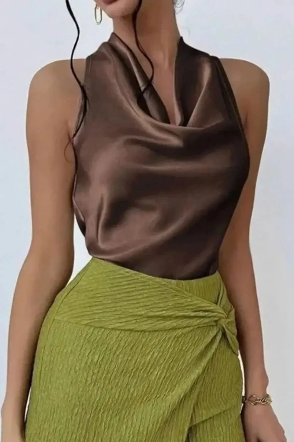 Satin Cowl Neck Sleeveless Blouse - Chocolate - View 9