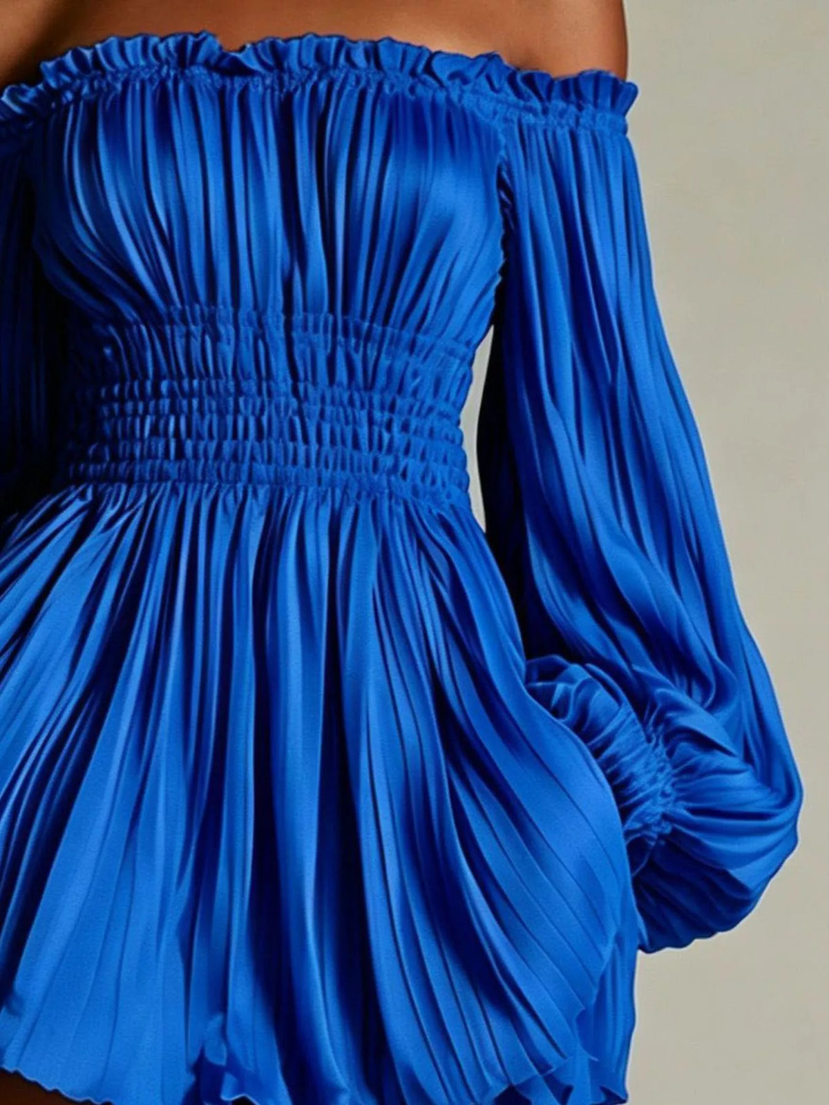 Off-Shoulder Pleated Mini Dress - Royal Blue - View 3