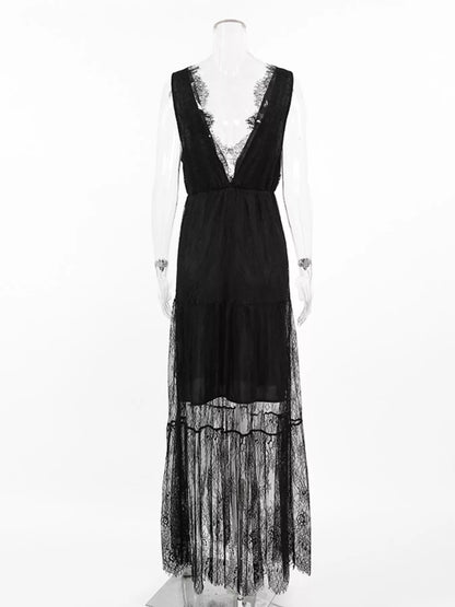 Lace V-Neck Sleeveless Maxi Dress - Black - View 5