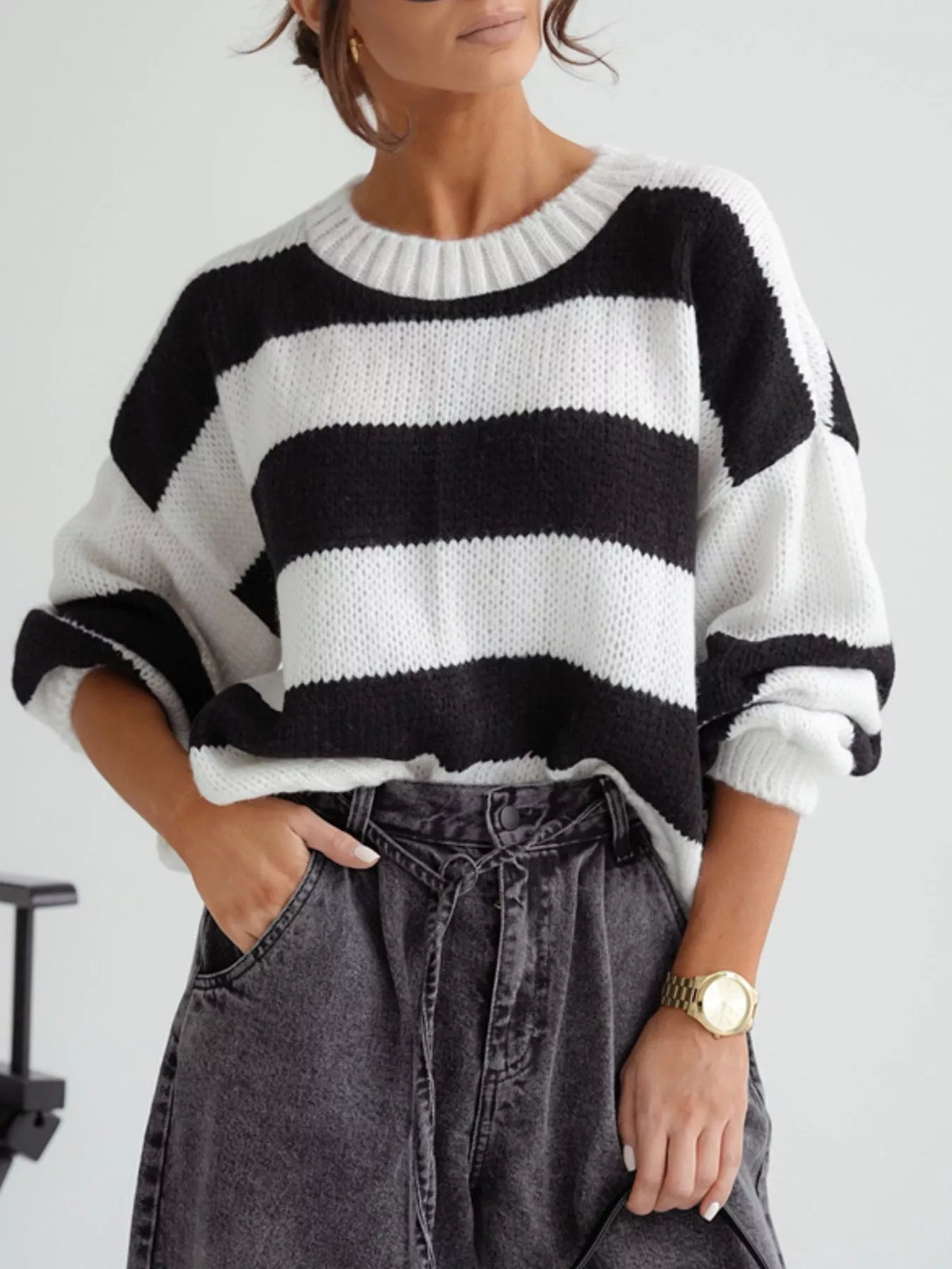 Striped Dropped Shoulder Sweater - Black And White - View 3