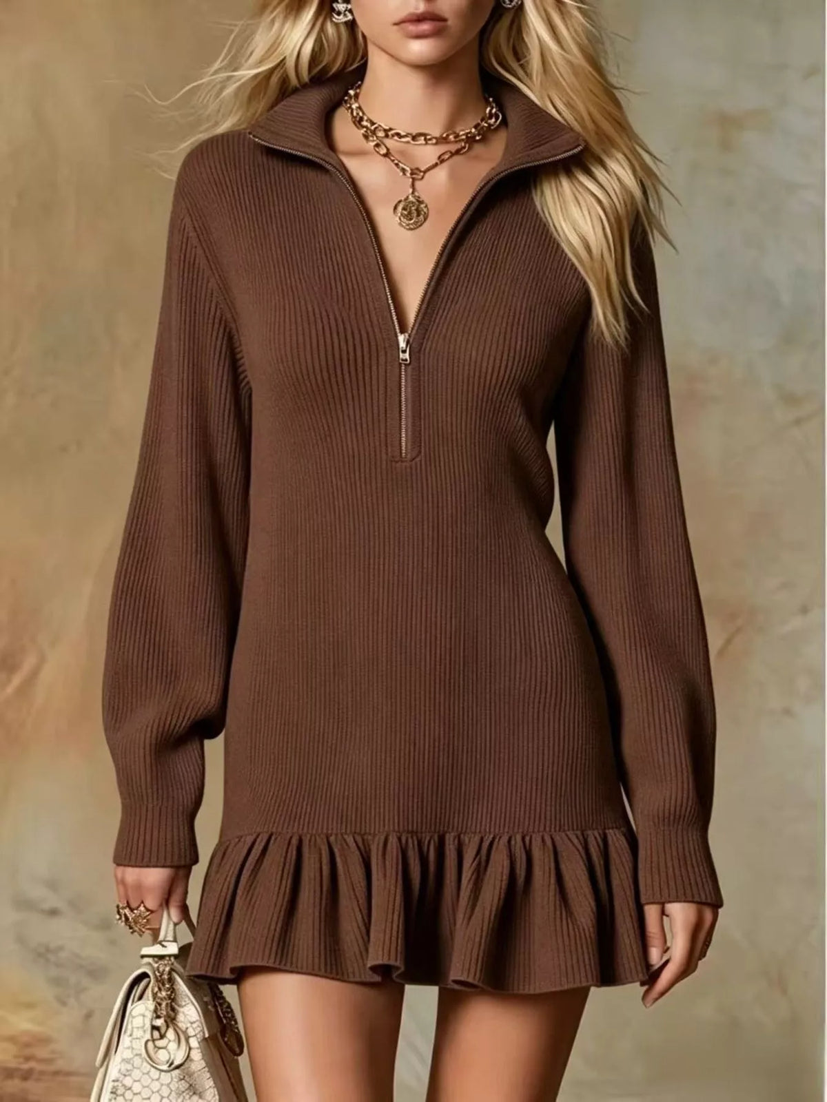 Ruffle Hem Half Zip Dress - Dark Brown - View 1