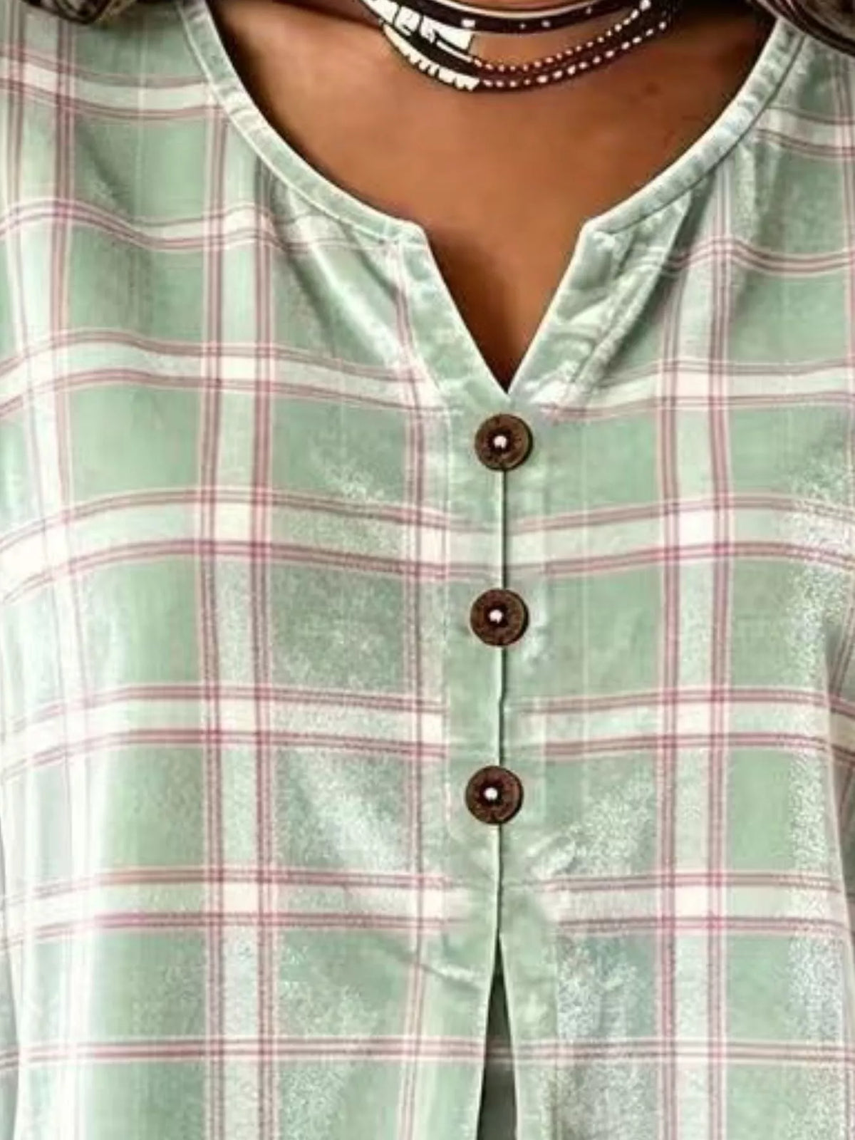 Full Size Plaid Velvet Flounce Sleeve Blouse Plus Size - Sage - View 2