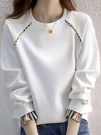 Plaid-Trimmed Crew Neck Sweatshirt - White-Plain - View 1