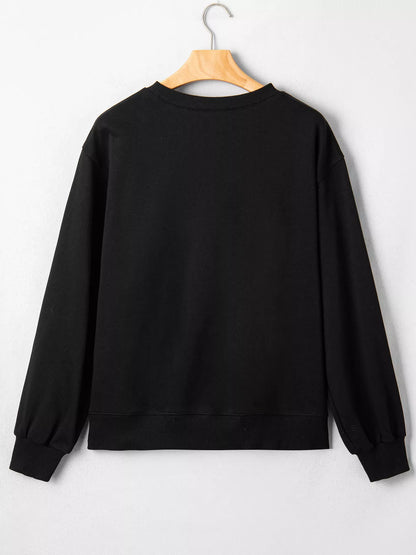 Embroidered Spooky Season Long Sleeve Round Neck Sweatshirt - Black - View 4