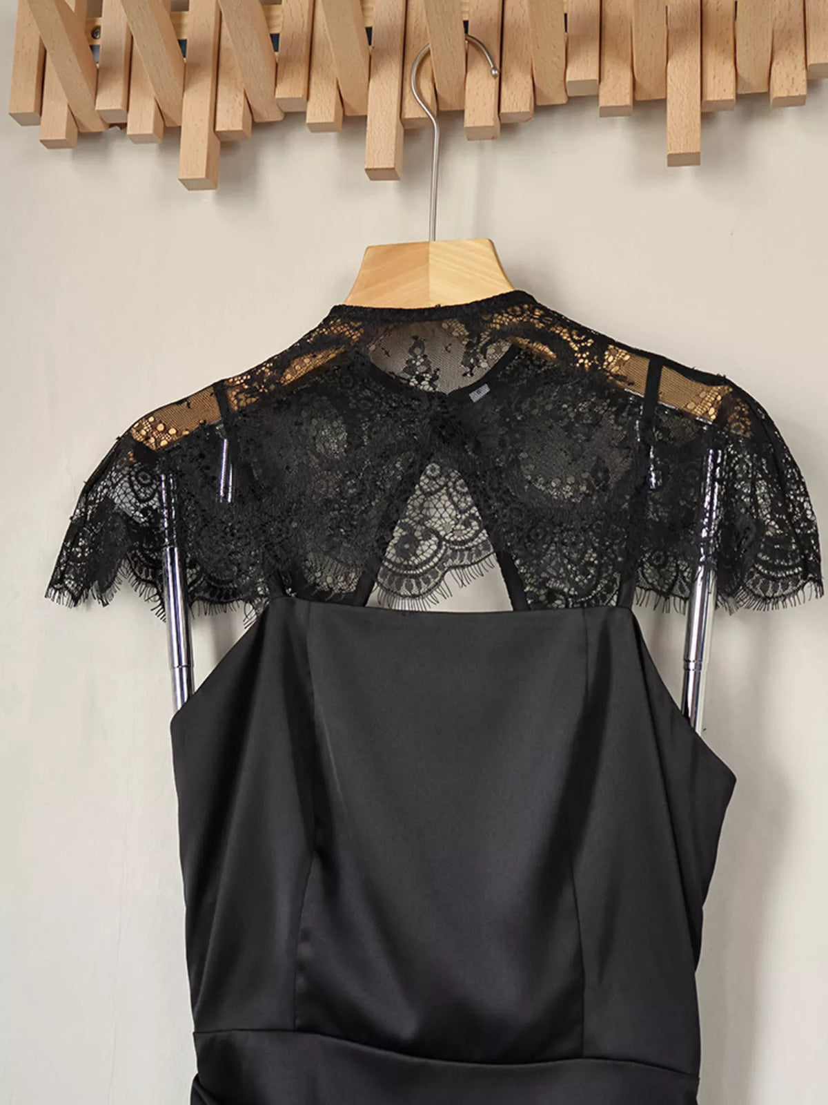 Satin Mini Dress with Lace Detachable Cape - Black - View 17