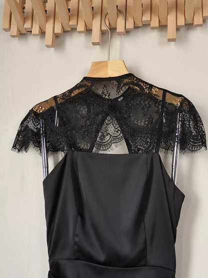 Satin Mini Dress with Lace Detachable Cape - Black - View 17
