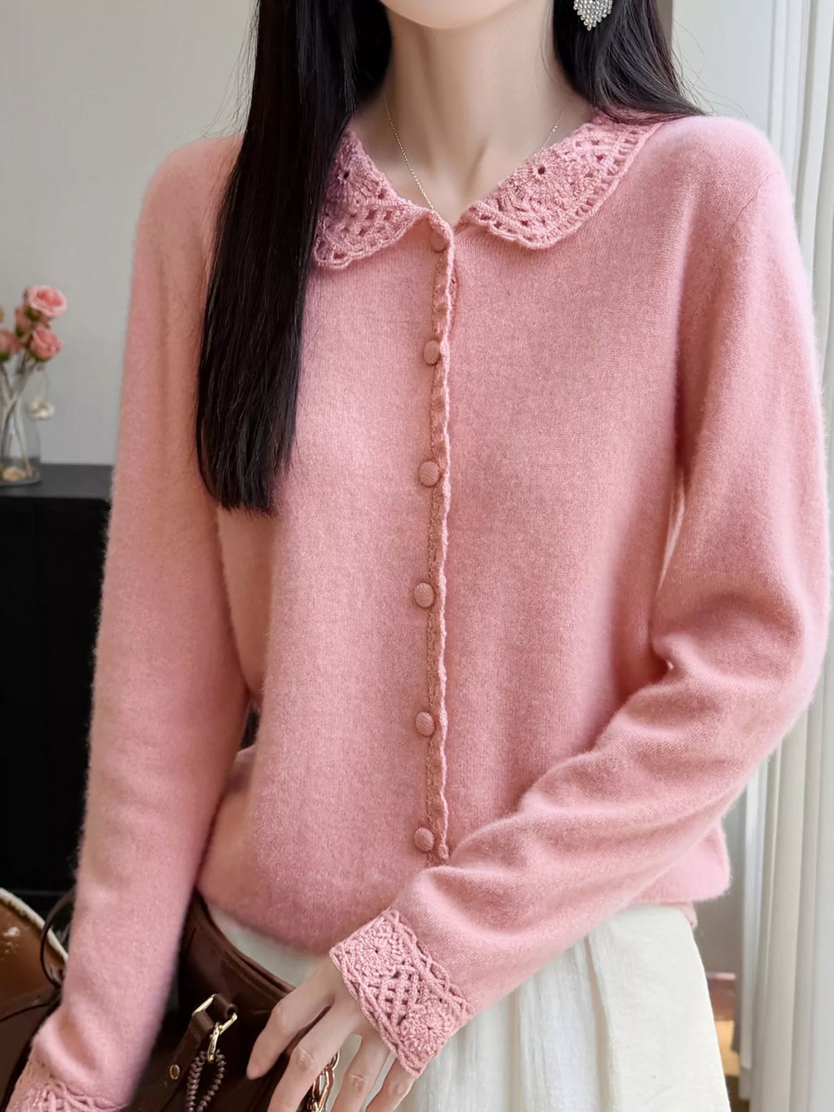 Lace-Collar Button Down Knit Cardigan - Pink - View 1