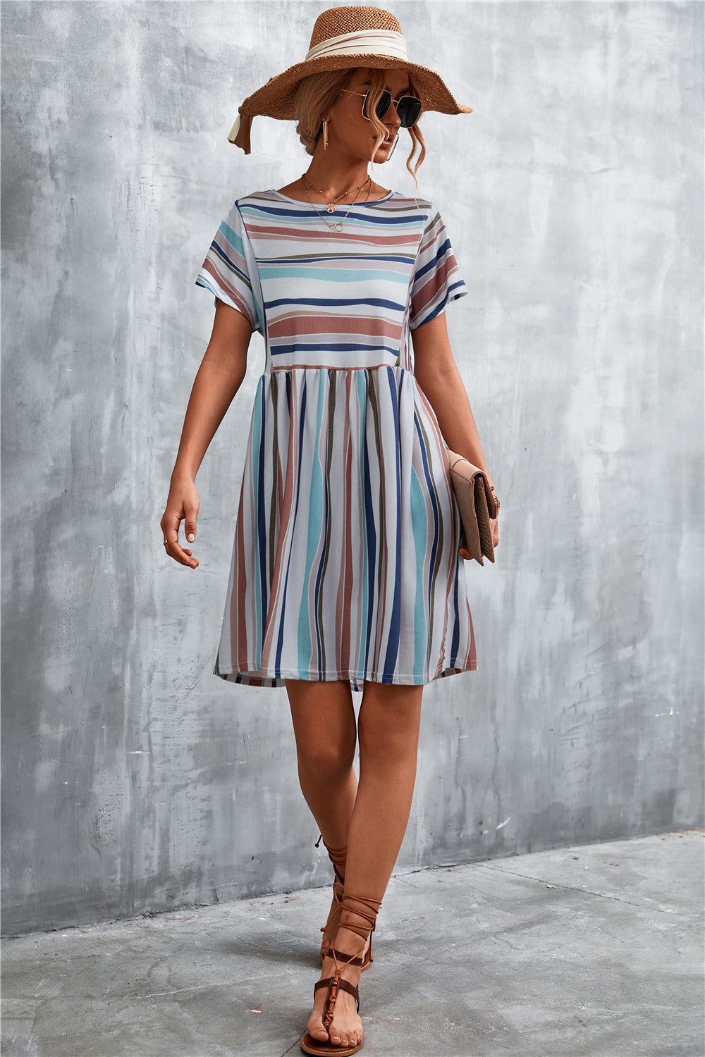 Striped Round Neck Dress - Caramel - View 17