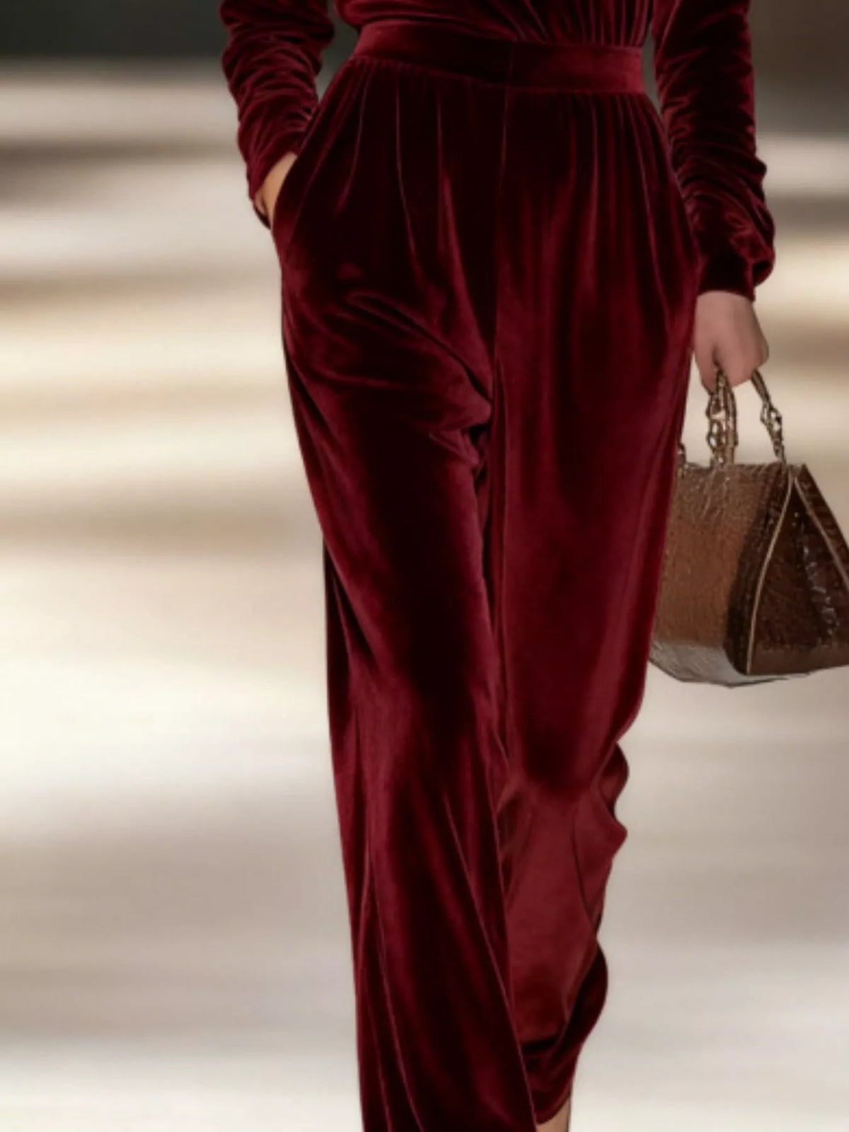 Full Size Velvet Turtleneck Long Sleeve Top and Wide-Leg Pants Set Plus Size - Wine Red - View 3