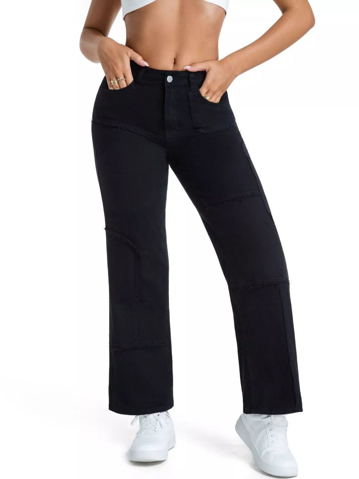 Frayed Edge Straight Leg Jeans - Black - View 3
