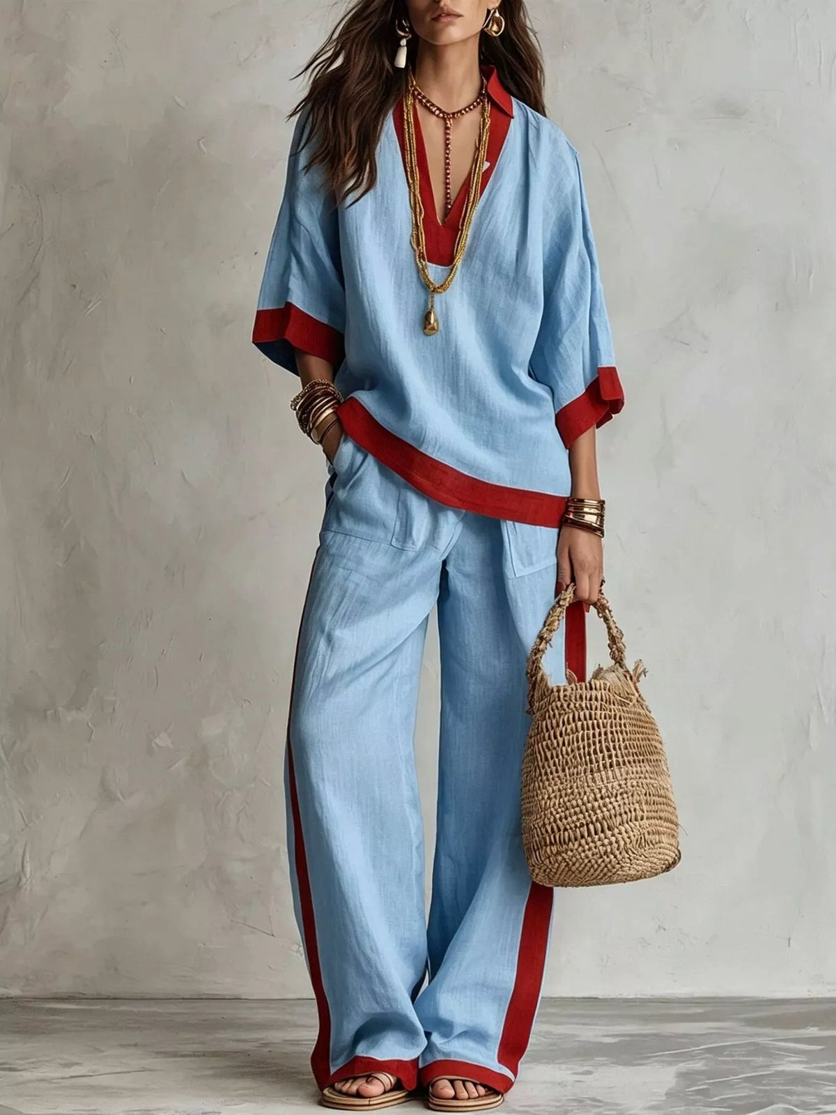 Full Size Contrast Trim Top and Wide Leg Pants Set Plus Size - Light Blue - View 1