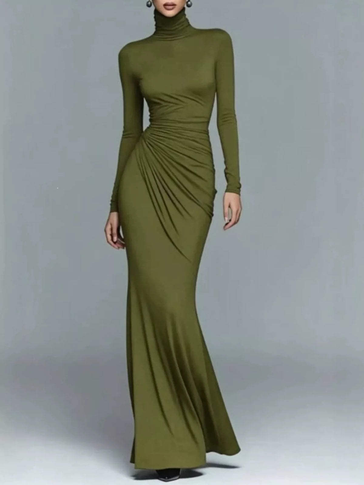 Turtleneck Long-Sleeve Ruched Maxi Dress - Olive Color - View 7