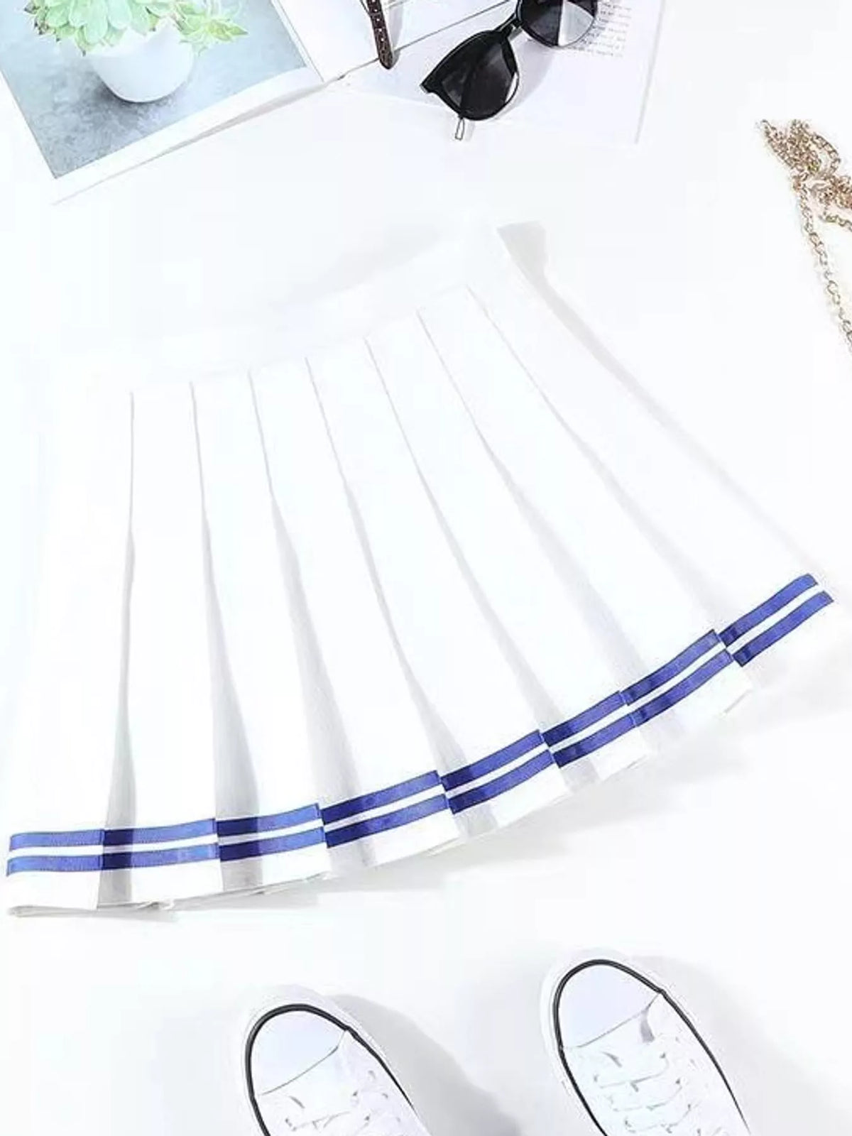 Pleated Striped Skirt - White And Blue - Striped With Built-in Shorts - View 10