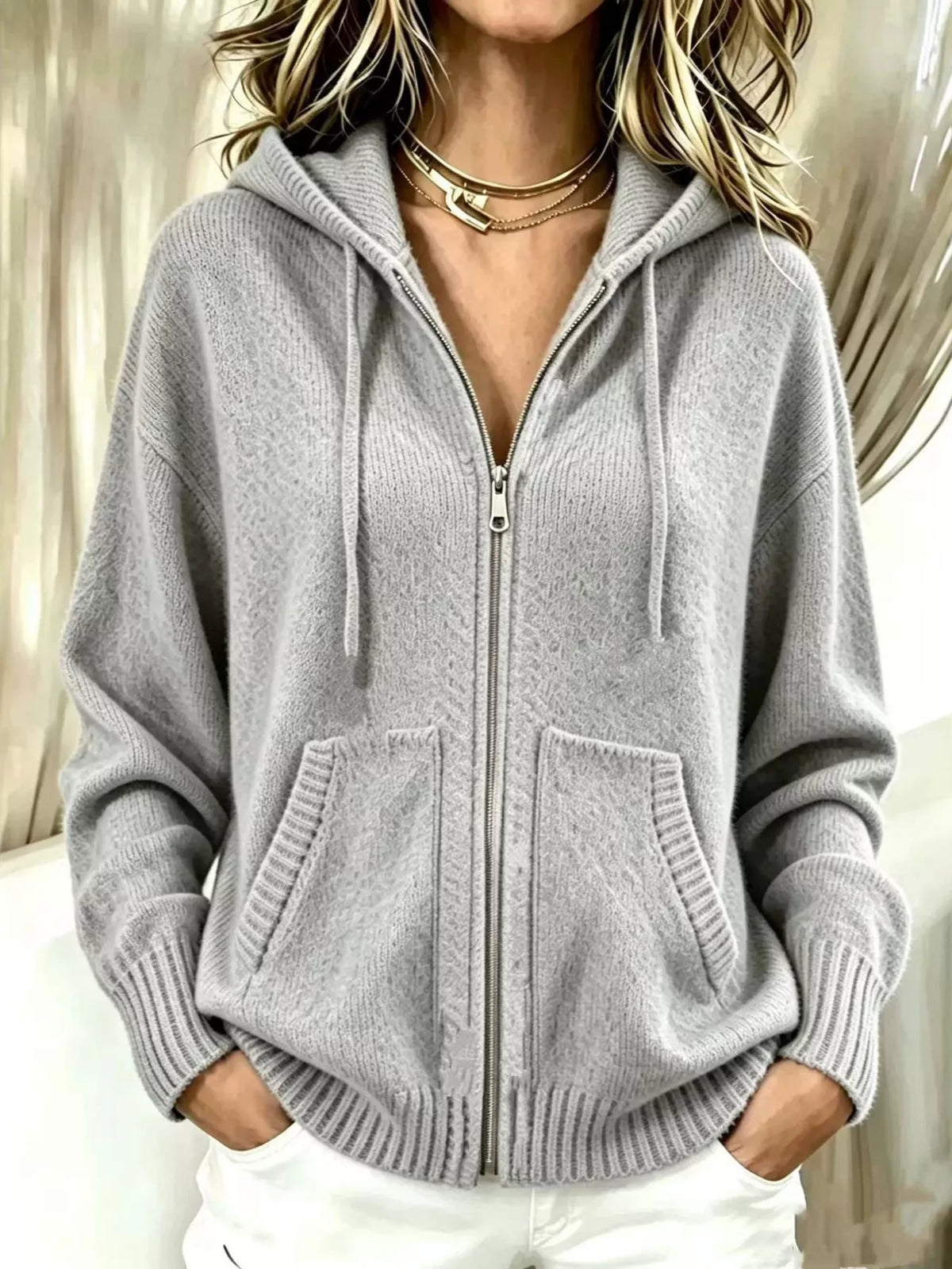 Zip-Up Hooded Knit Cardigan - Gray - View 1