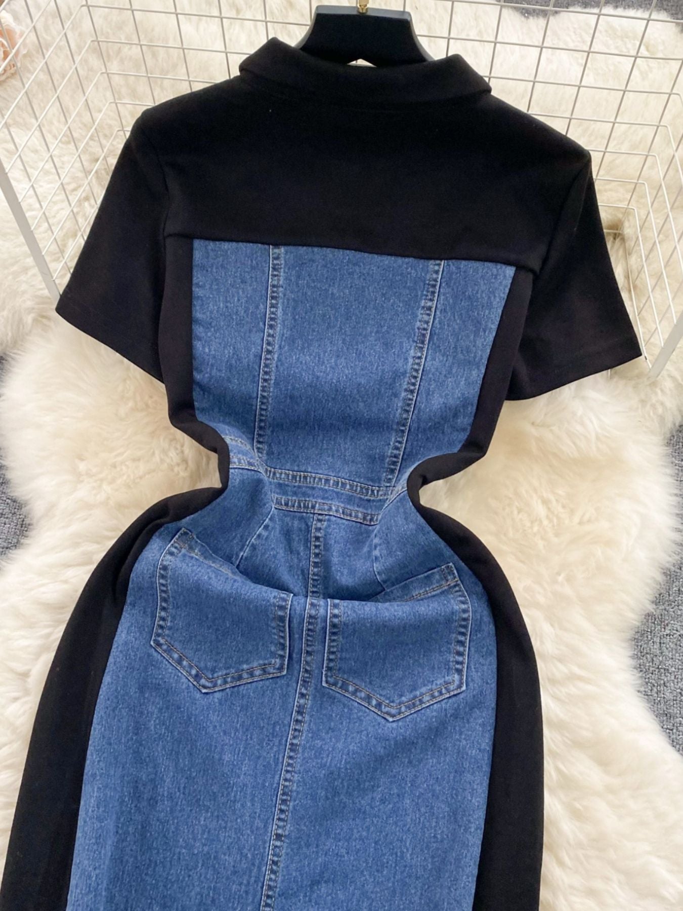 Full Size Color Block Denim Patchwork Bodycon Mini Dress Plus Size - Dark Blue - Rear Detail Flat Lay View