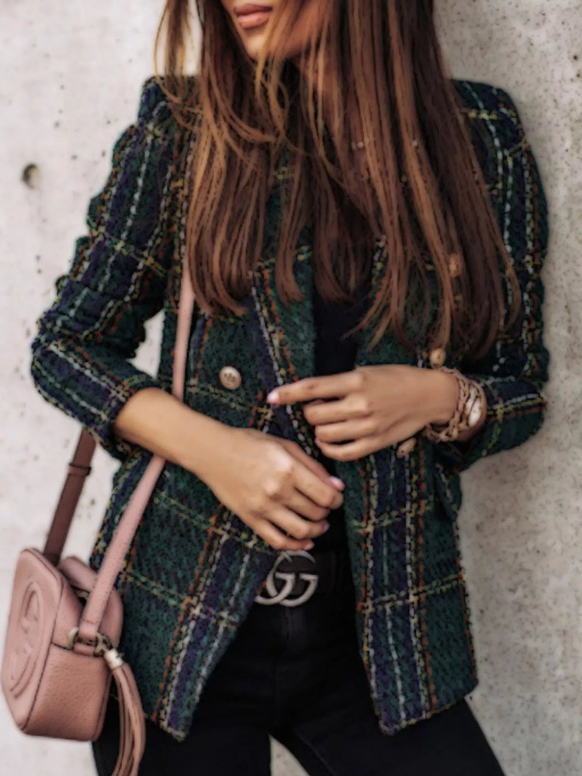 Full Size Plaid Tweed Double-Breasted Blazer Plus Size - Black Forest - View 3