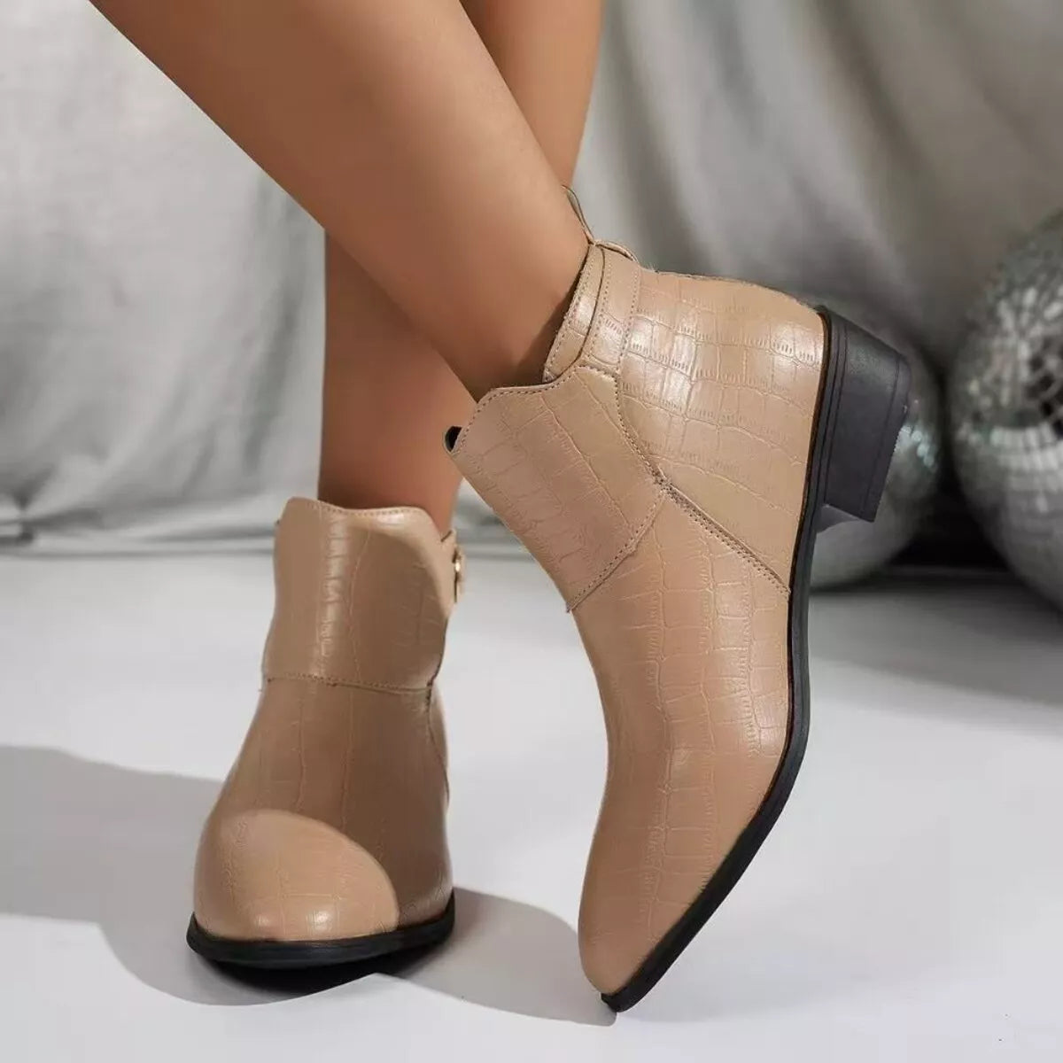 Point Toe Block Heels Boots - Khaki - View 6