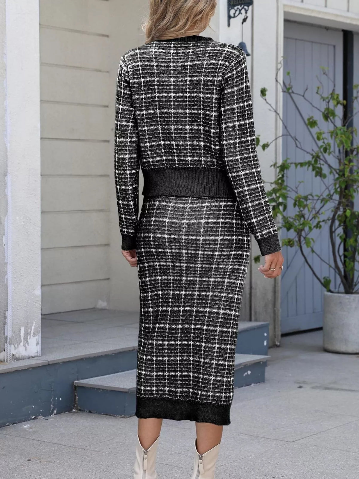 Plaid Knit Cardigan and Midi Skirt Sweater Set - Black - View 5