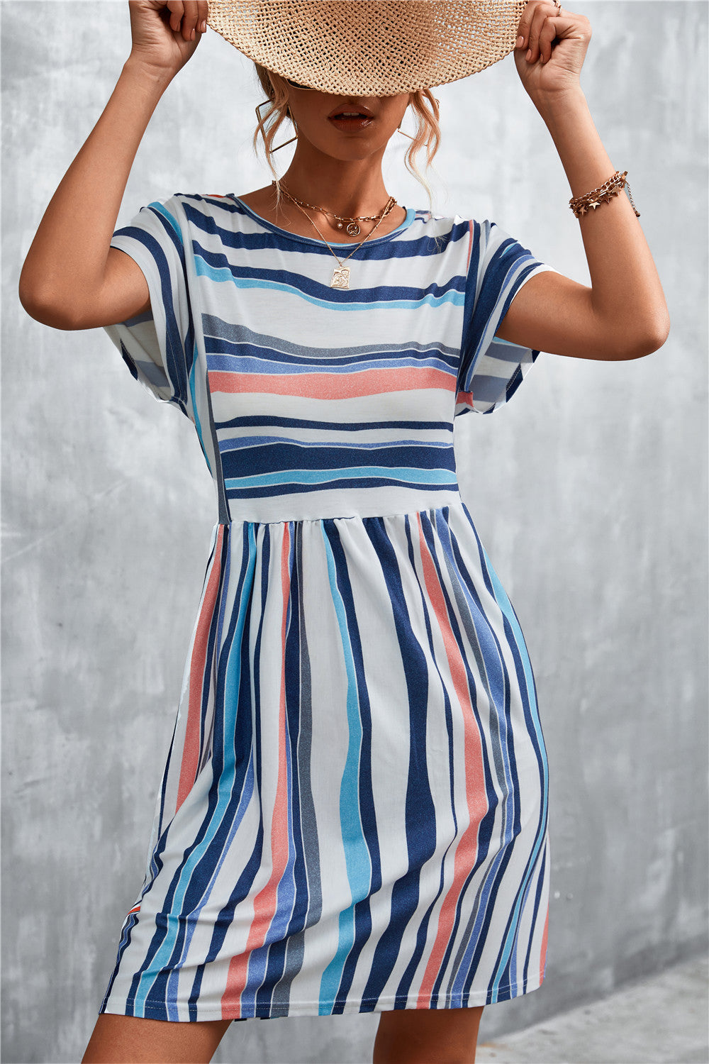 Striped Round Neck Dress - Navy - View 11