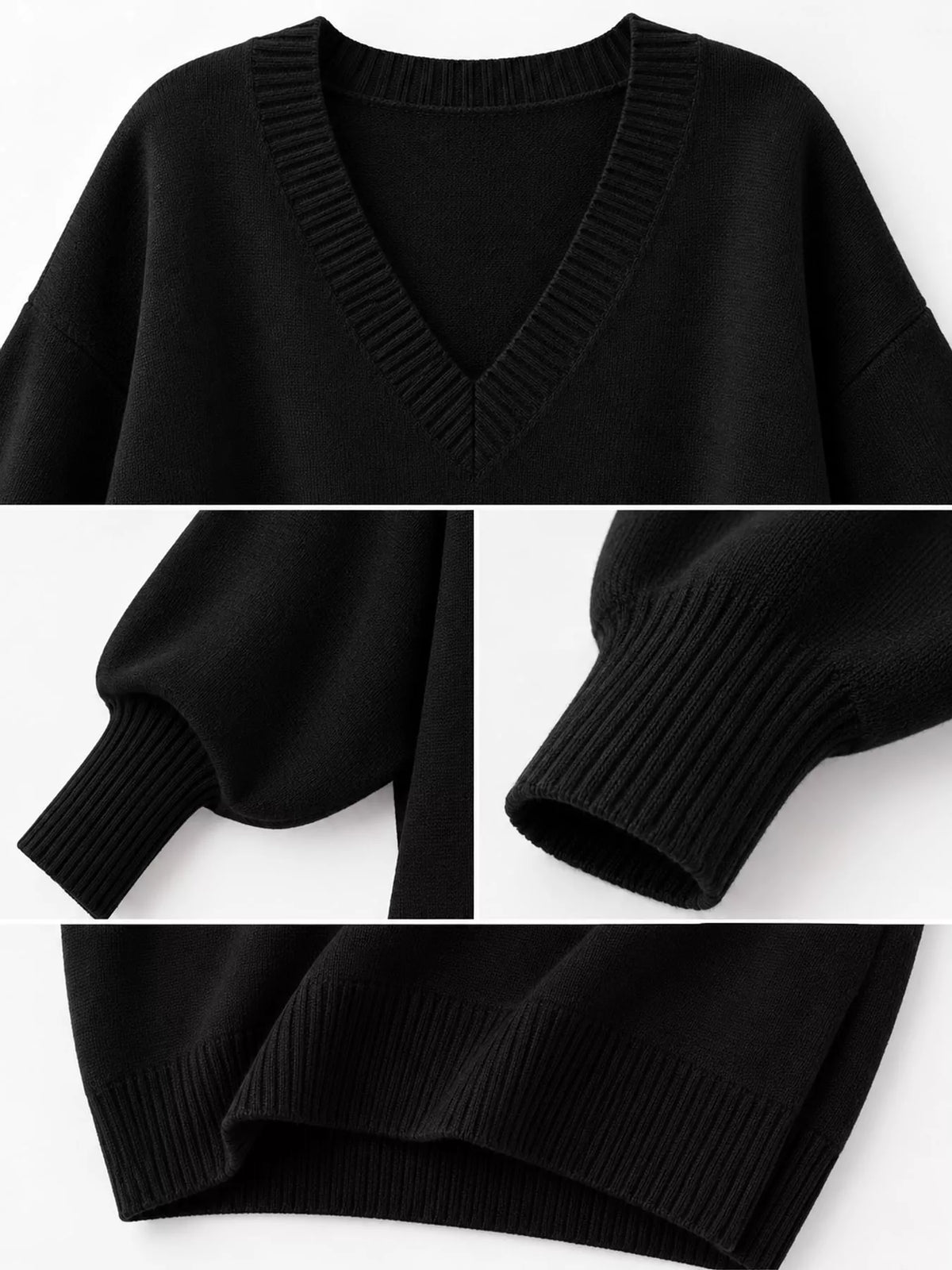 Full Size V-Neck Oversized Batwing Sleeve Sweater Plus Size - Black - View 50