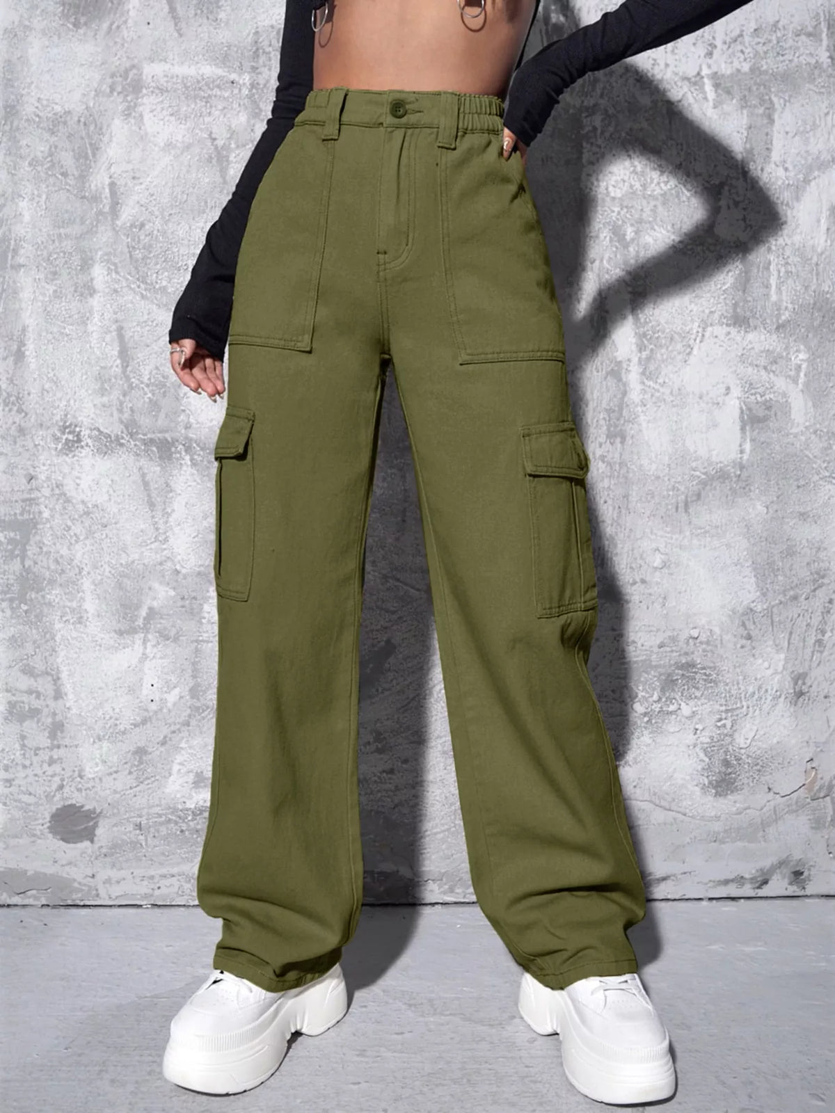 High-Waisted Cargo Jeans - Brown - View 5