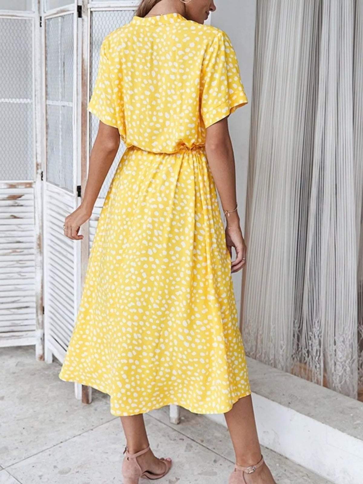 Animal Print Drawstring Waist Midi Dress - Yellow - View 2