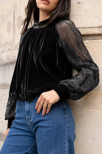 Solid Color Sheer Lace Long Sleeve Patchwork Stand Neck Velvet Blouse - Black - View 3