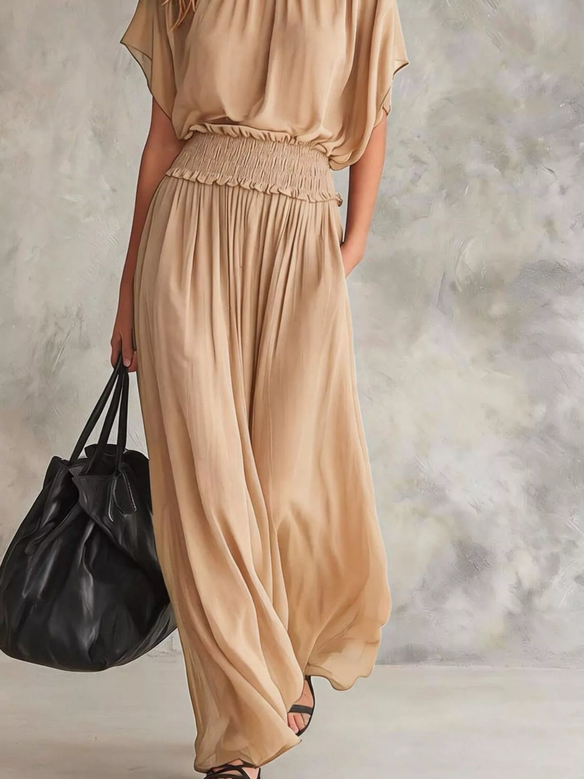 Chiffon Maxi Dress with Smocked Waist - Tan - View 3