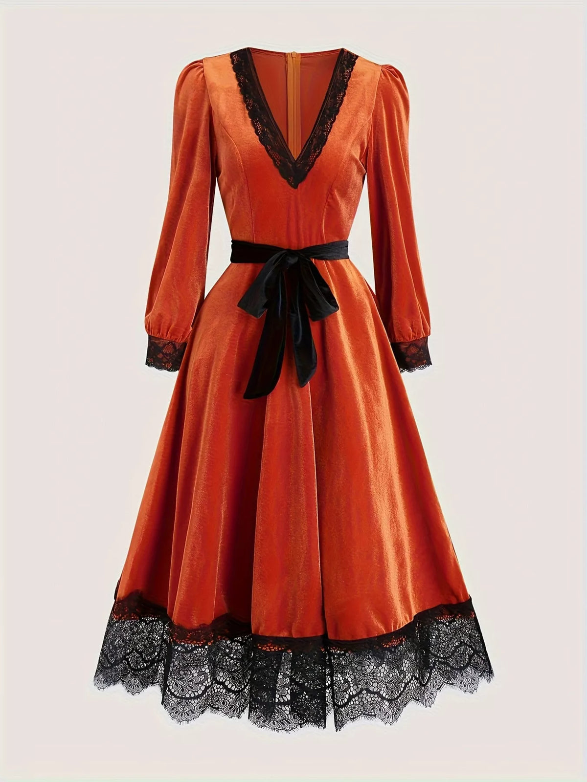 Velvet V-Neck Lace Trim Midi Dress with Waist Tie - Orange Red - View 1