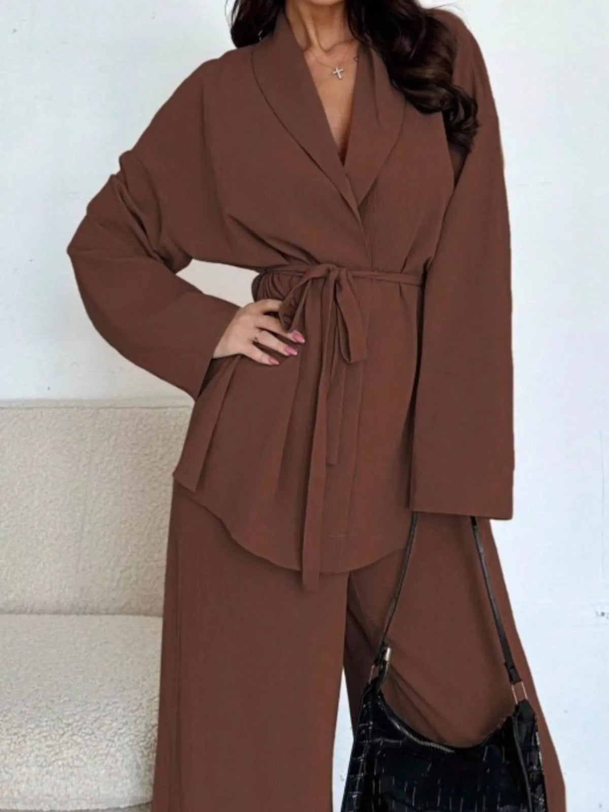 Front Tied Shirt and Wide-Leg Pants Set - Dark Brown - View 16