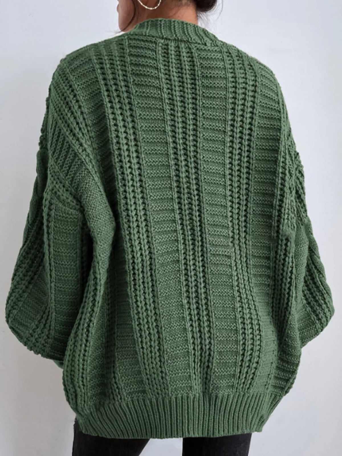 Cable Knit Button-Down Cardigan - Green - View 8