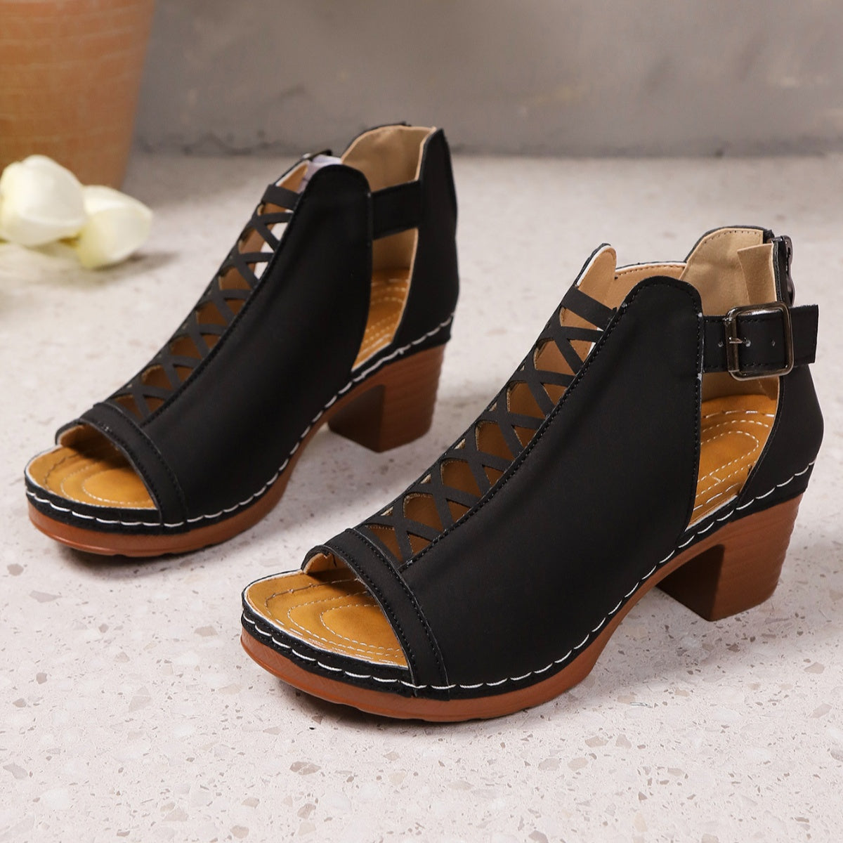 Open Toe Block Heels Sandals - Black - View 10