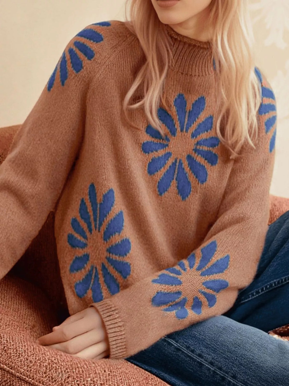 Flower Mock Neck Raglan Sleeve Sweater - Caramel - View 3