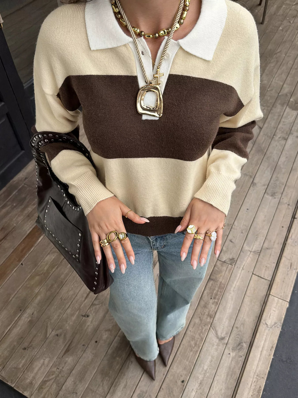 Color Block Polo Collar Knit Sweater - Brown And Yellow Stripes - View 3