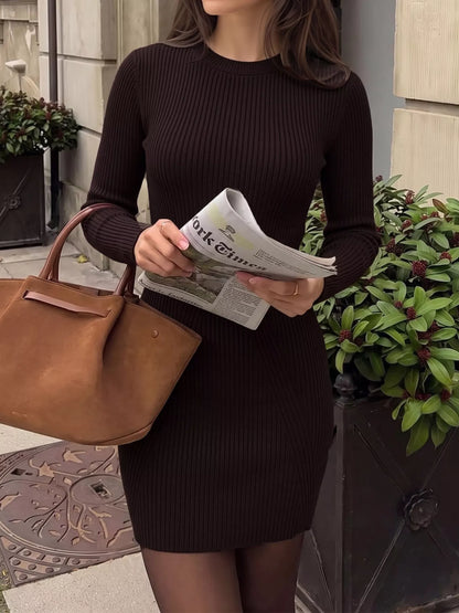 Long Sleeve Ribbed Knit Dress - Brown - View 2