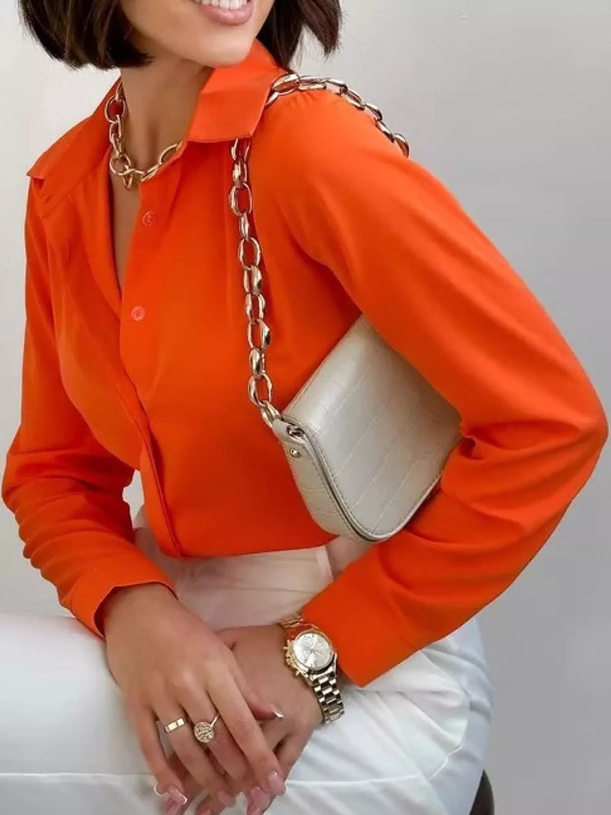 Button Up Long-Sleeve Shirt - Orange Red - View 28