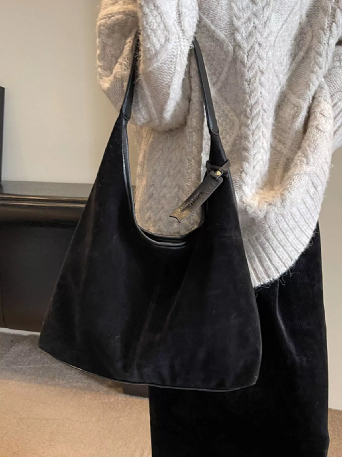 Suede Hobo Shoulder Bag - Black - View 1