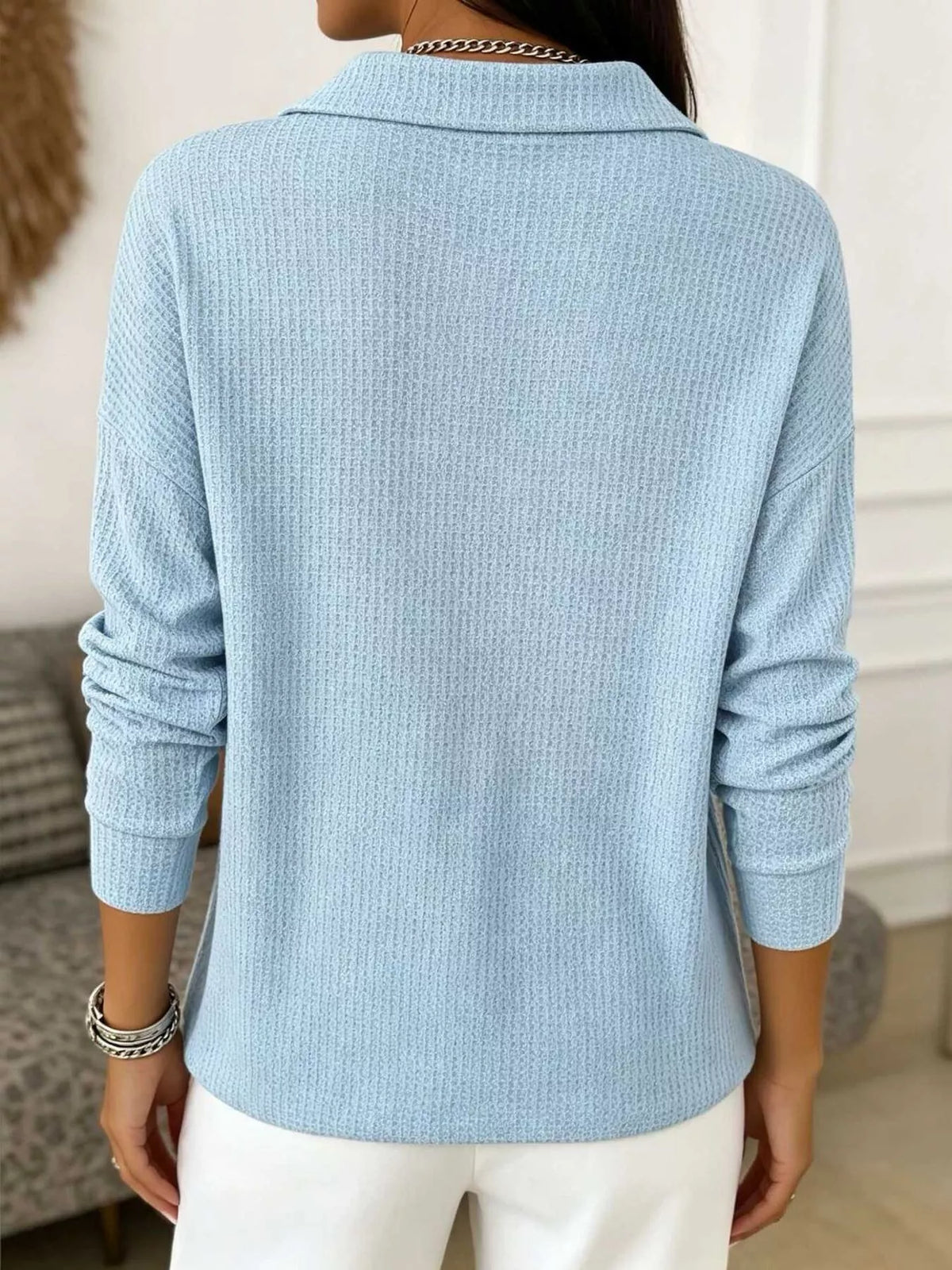 Waffle Knit Snap Down Blouse - Light Blue - View 6