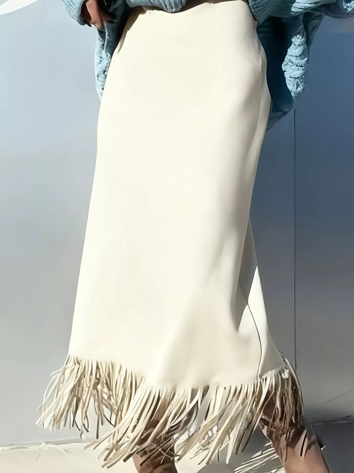 High-Waisted Fringe Midi Skirt - Off White - View 10