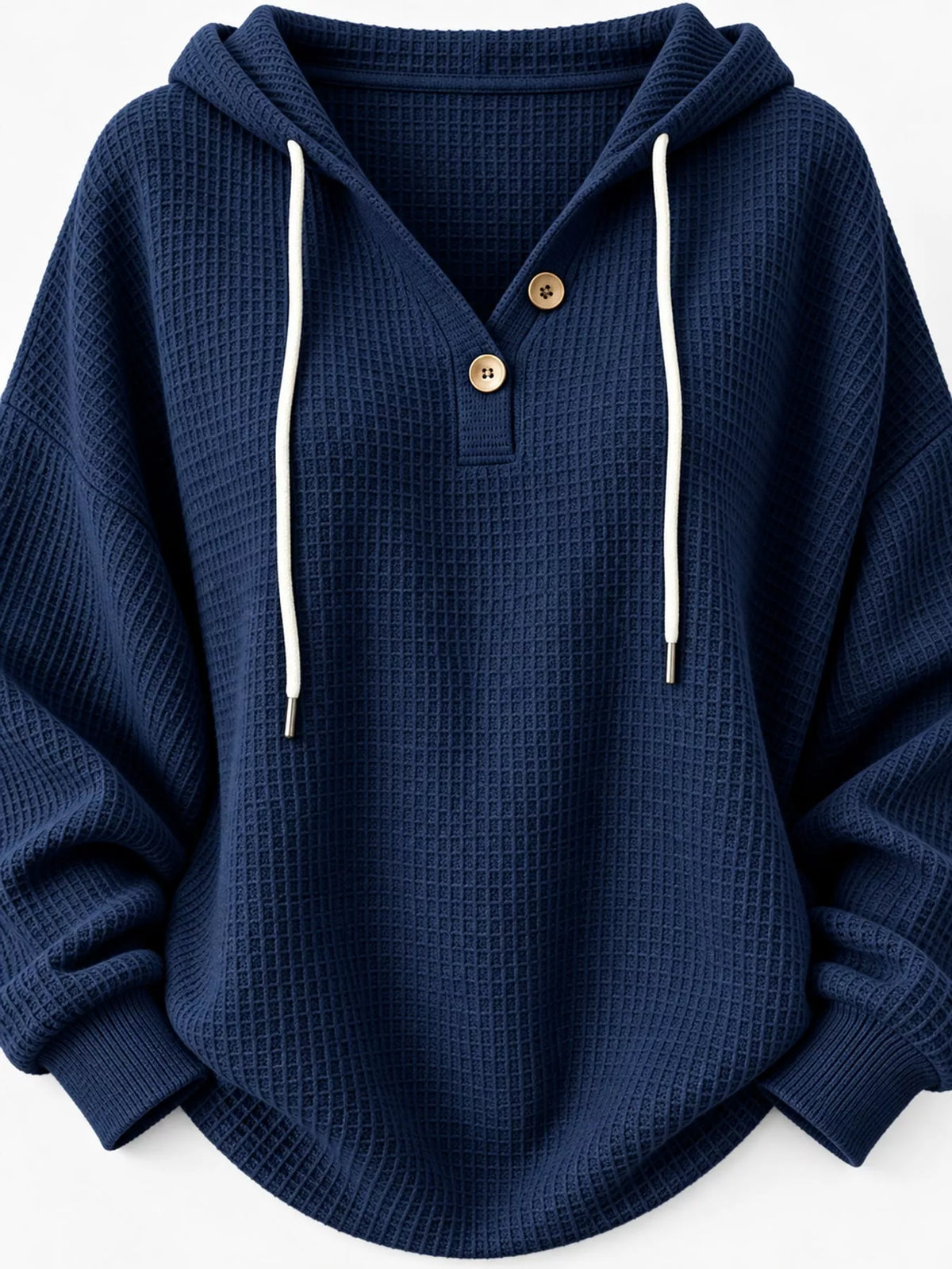 Full Size Waffle Knit Button Detail Hoodie Plus Size - Dark Blue - View 39