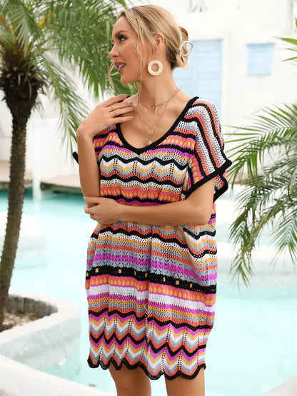 Angel Wings Rainbow Stripe Scalloped V-Neck Cover-Up Dress - Black - View 3