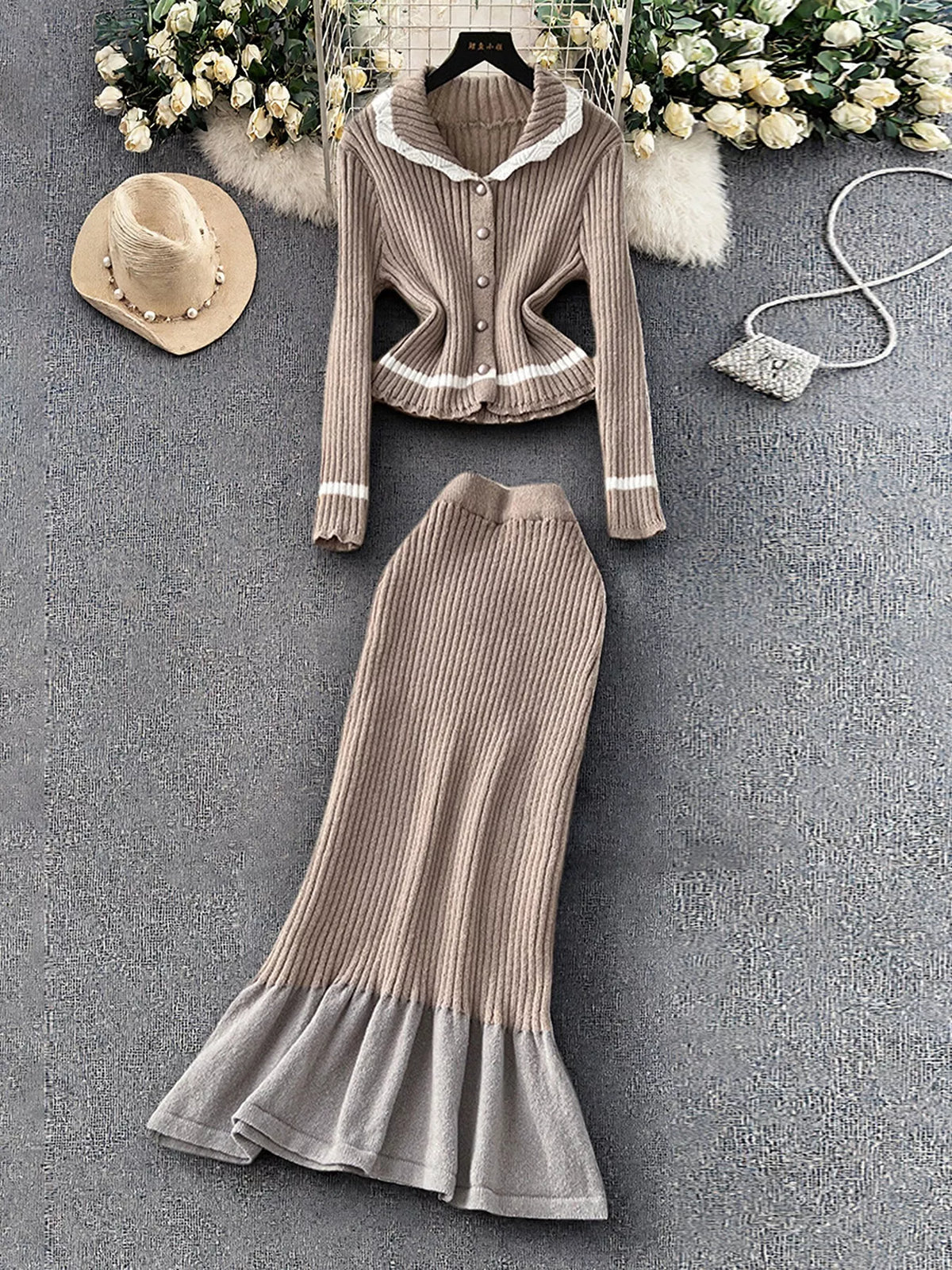 Ribbed Knit Cardigan and Skirt Sweater Set - Khaki - View 1