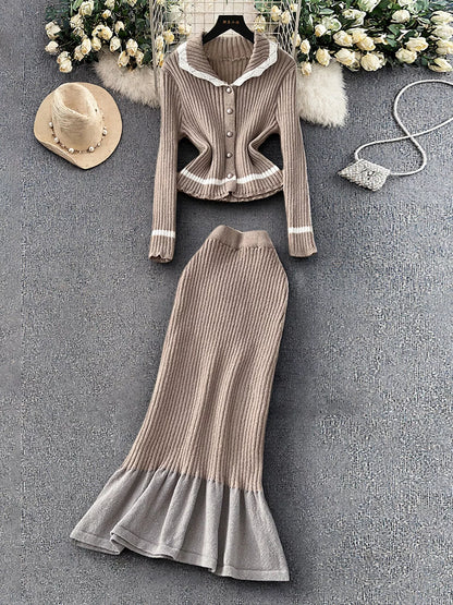 Ribbed Knit Cardigan and Skirt Sweater Set - Khaki - View 1